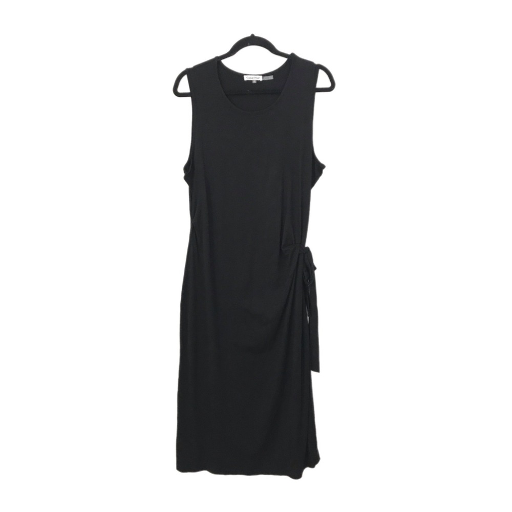 Calvin Klein Knit Sleeveless Maxi Dress Womens XL Black Side Ruched Stretch Logo